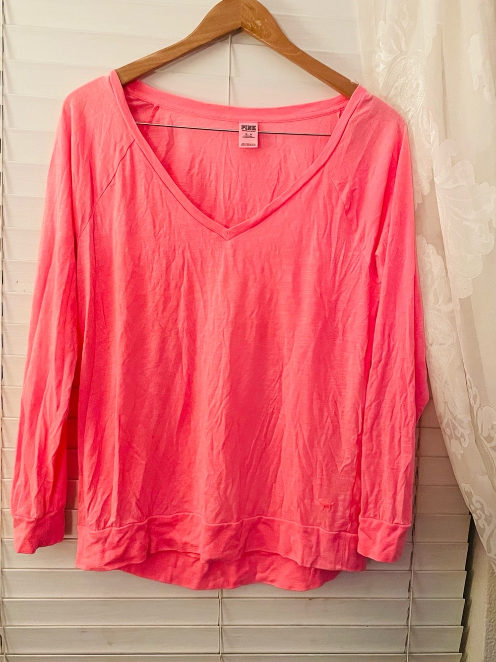 PINK Victoria's Secret Bright Coral Pink V-Neck Long Sleeve Top